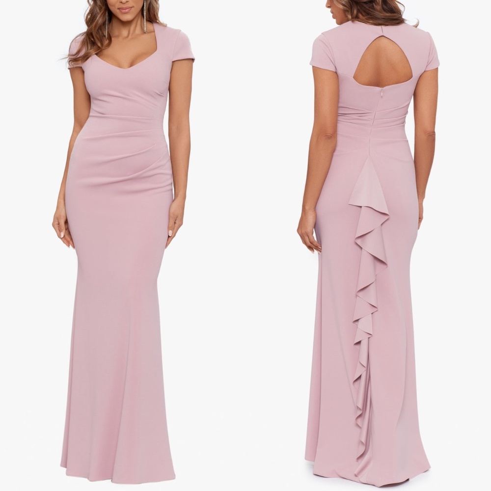 NEW XSCAPE Rose ALLISON Cap Sleeve SCUBA CREPE Ruffle Back EVENING DRESS GOWN 10